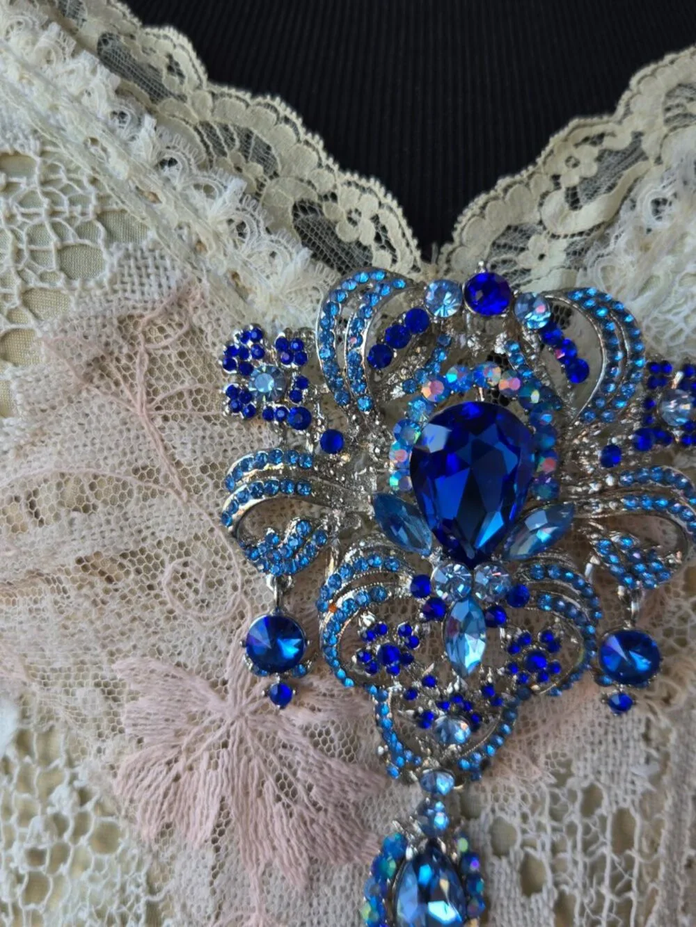 Bejewelled Blue Crystal Ornate Brooch Romantic Victorian Style